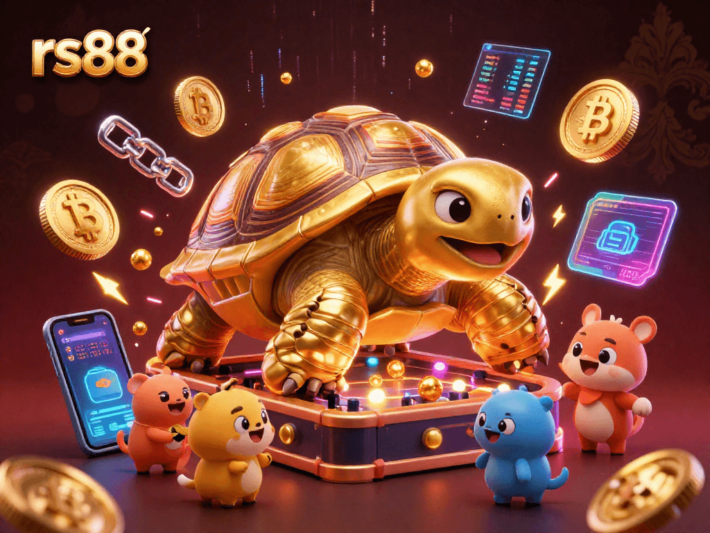 Experience exciting games at rs88 with a colorful 3D scene featuring a tortoise pinball machine and crypto coins.