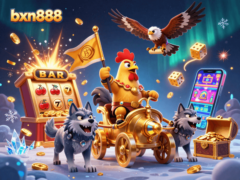 Experience big wins at bxn888 with a cartoon rooster warlord leading a vibrant casino scene.