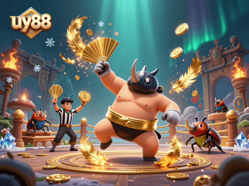 uy88 features a sumo champion beetle amidst flying coins in an exciting online casino scene.