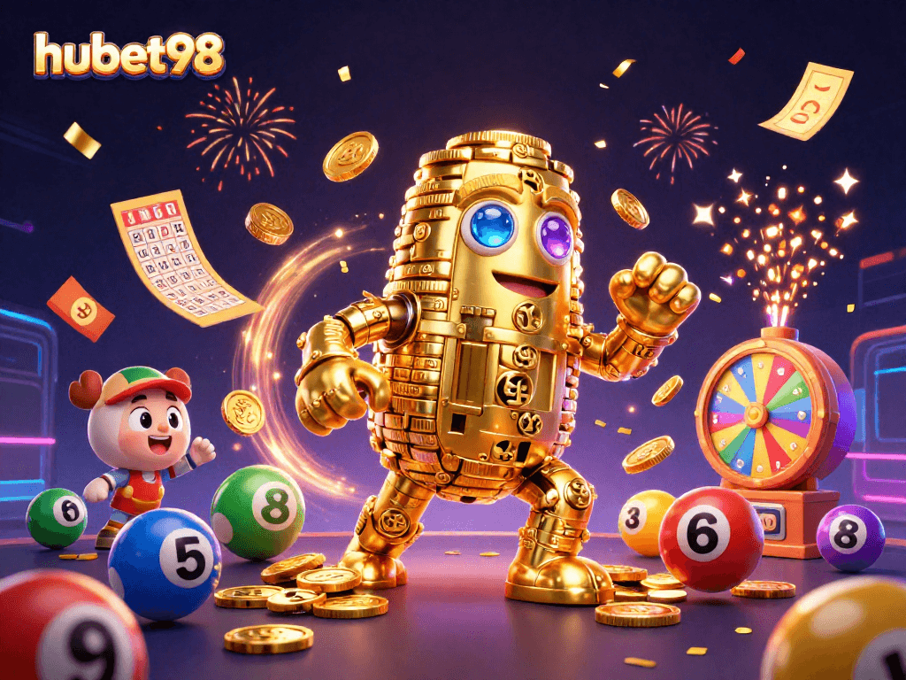 Spin the reels with hubet98's vibrant lottery scene filled with balloons, tickets, and dynamic gold!