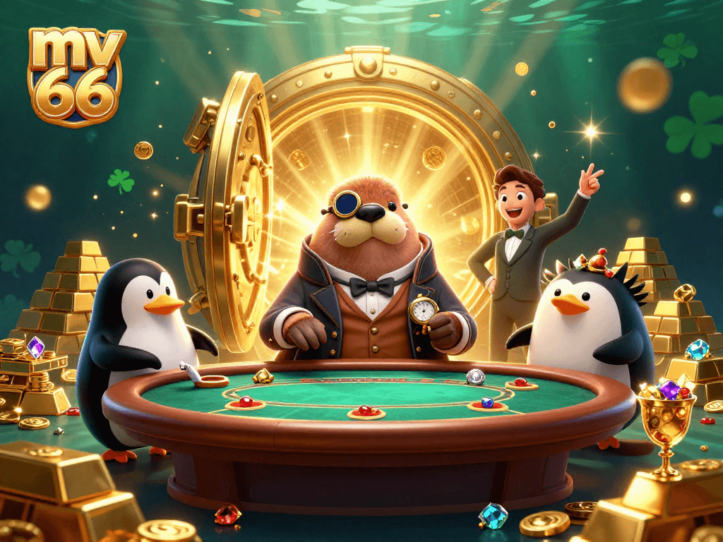 Experience the thrill at mv 66's underwater poker table with an entertaining walrus, penguin dealer, and pufferfish.