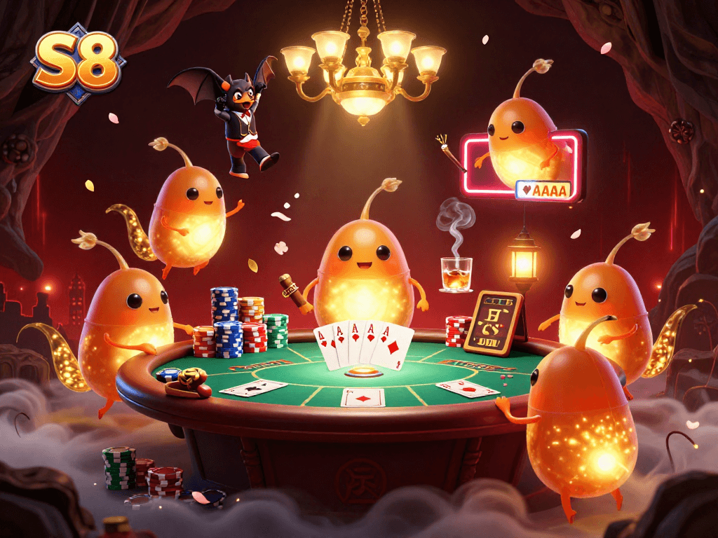 Experience thrilling poker action at S8 with bioluminescent glowworms lighting up a vibrant cave casino.
