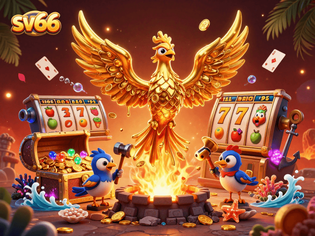 Experience the thrill of sv66 gaming with dynamic slot reels and a golden phoenix illustration.