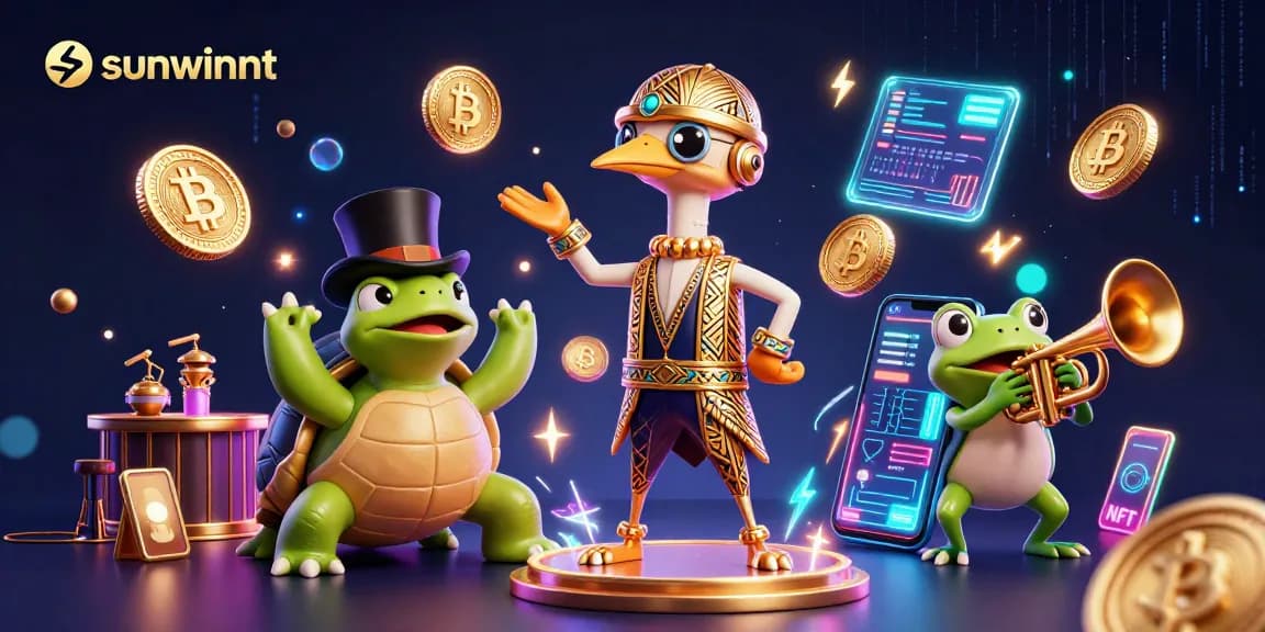 Experience exciting gameplay with sunwinnt, showcasing a lively casino scene with vibrant characters and crypto elements.