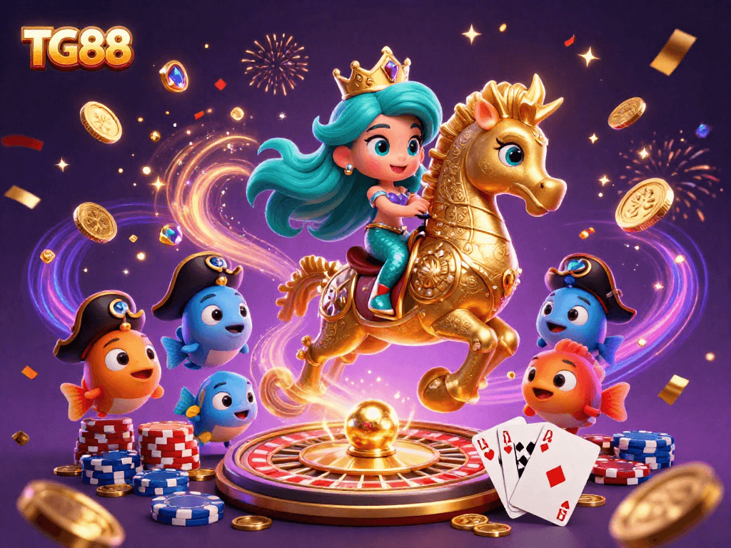 Engage with TG88's vibrant casino world, featuring dynamic gameplay with sparkling gems and animated characters.