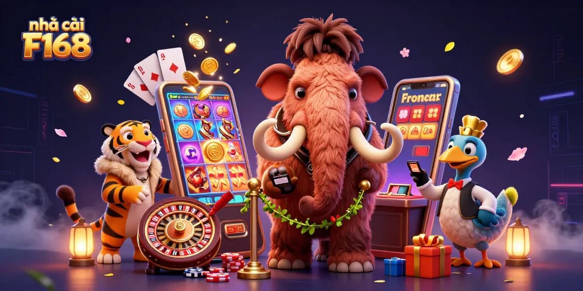 nhà cái F168 features a vibrant 3D casino scene showcasing gameplay excitement with unique characters