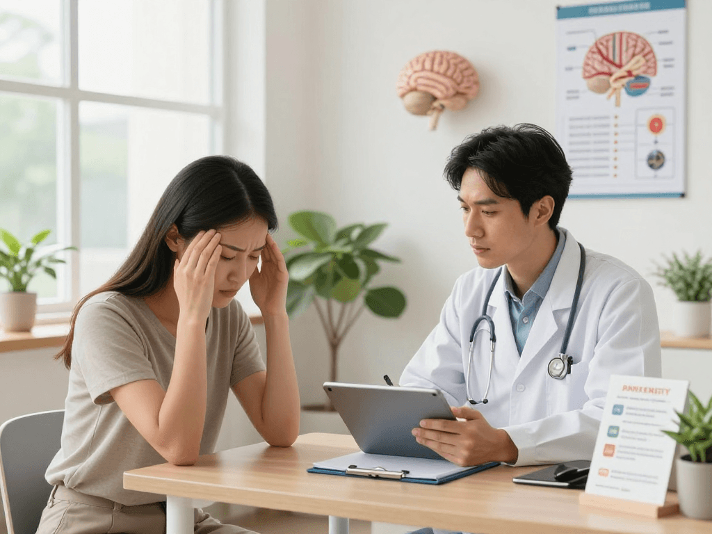Doctor discussing the causes of frequent headaches with a patient in a calming clinic environment.