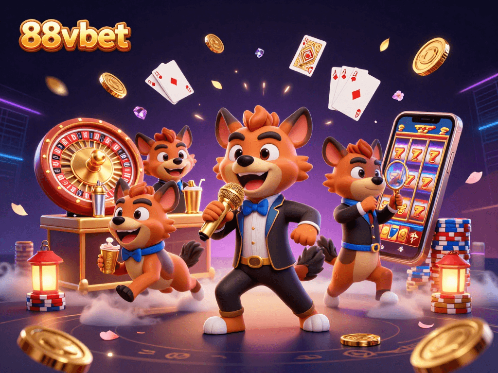 Engage with 88vbet's vibrant casino scene featuring animated hyenas in a comedy club atmosphere.