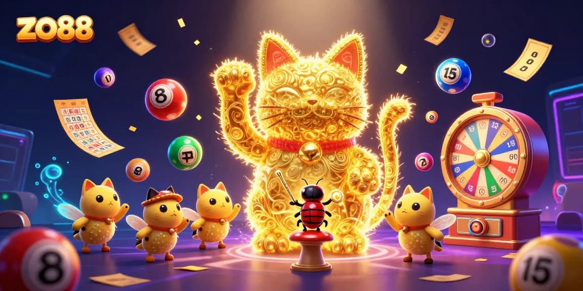 Experience the thrill of zo88 with golden fireflies, lucky cat symbols, and vibrant lottery elements.