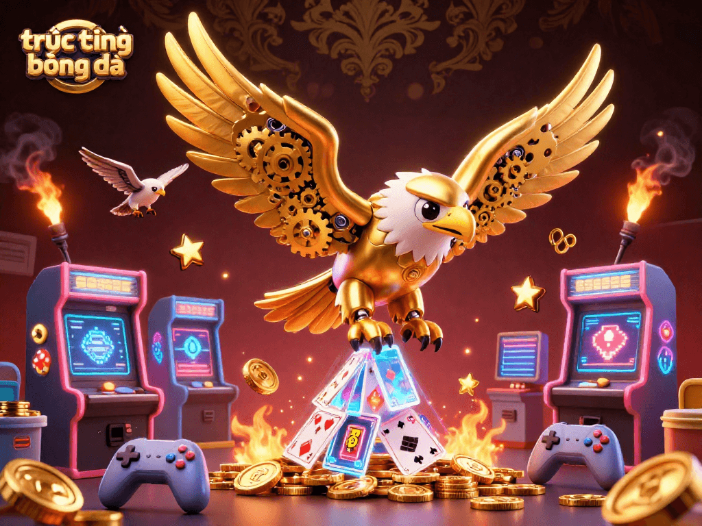 Experience trực tiếp bóng đá in an ultra-detailed 3D scene with golden eagle amidst arcade elements.