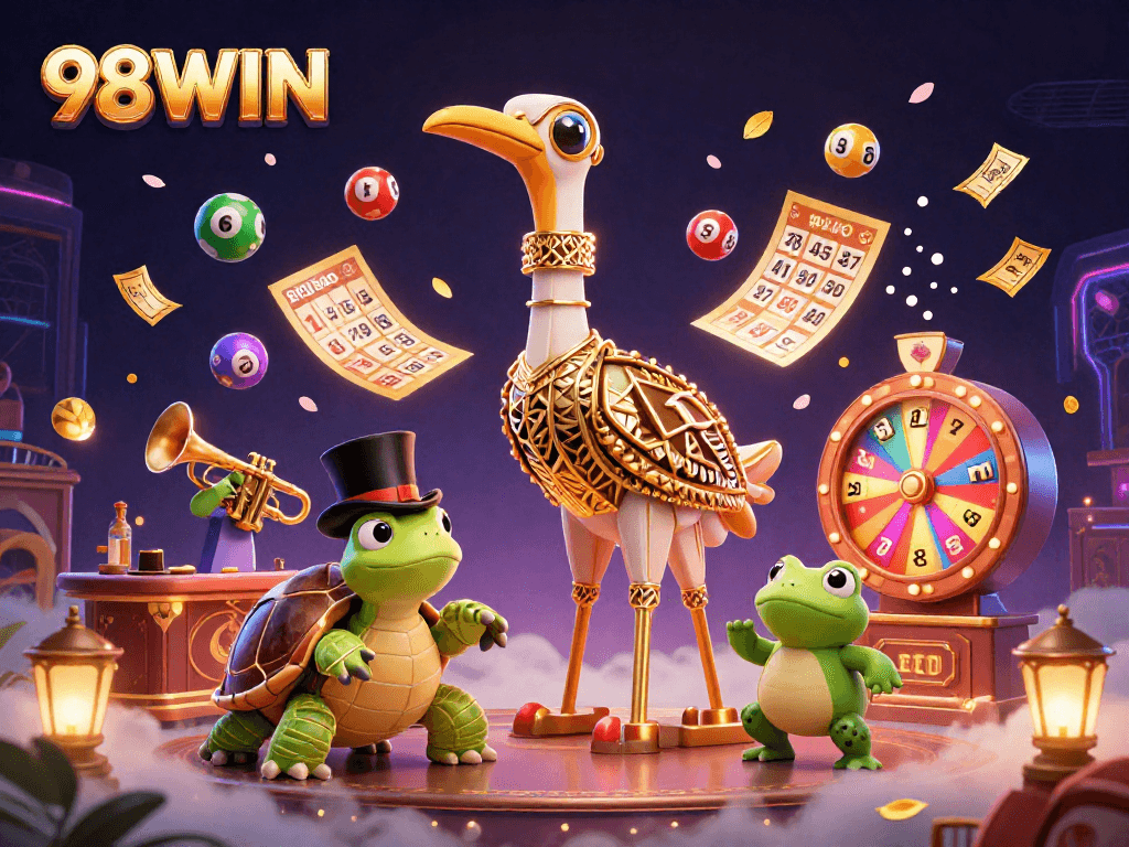 Experience vibrant gaming action with 98WIN, featuring a dynamic lottery scene full of exciting prizes.