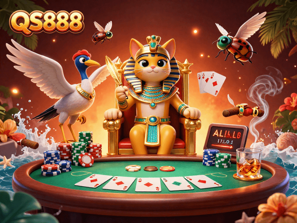 Experience the excitement of QS888 with a regal pharaoh cat at a vibrant poker table surrounded by colorful chips.