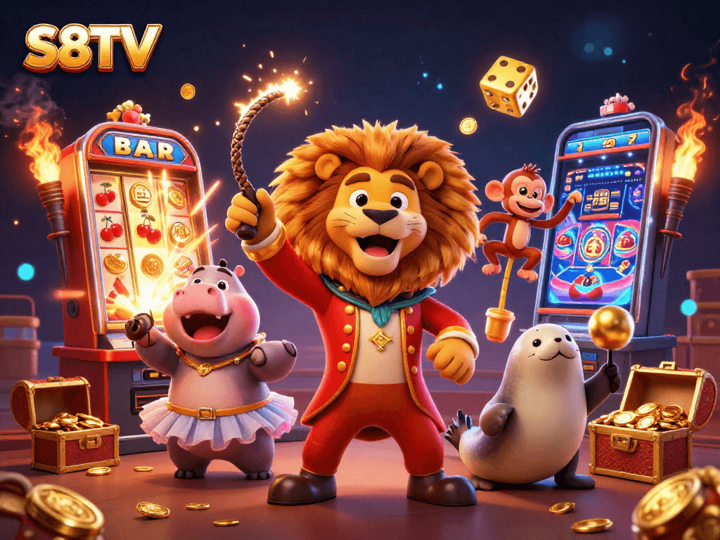 S8TV showcases thrilling casino excitement with vibrant characters amidst a jackpot burst.