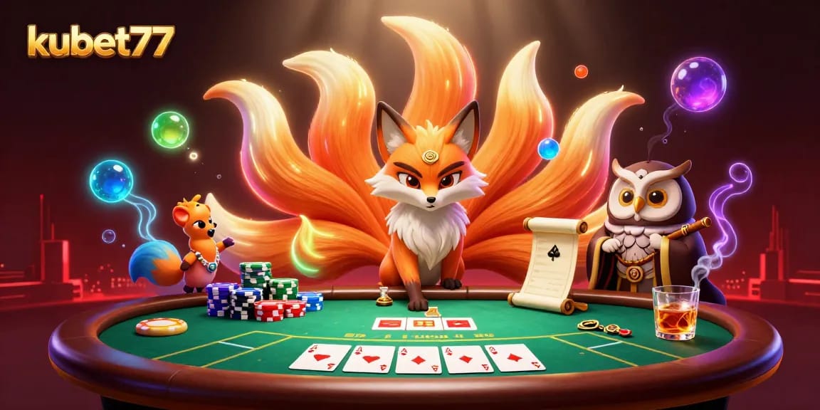 Experience the excitement of kubet77 with a vibrant poker scene featuring a fox spirit and owl sage.
