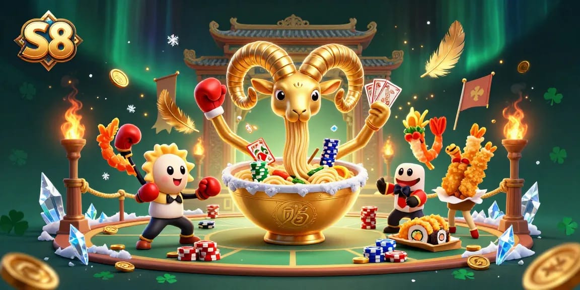 S8 offers players a dynamic casino experience with a golden ramen bowl dealer, vibrant gaming elements, and engaging action.