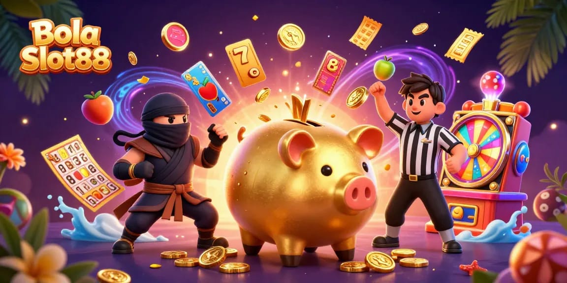 Bola Slot88 brings excitement with a golden piggy bank sumo wrestler and dynamic slot game elements.