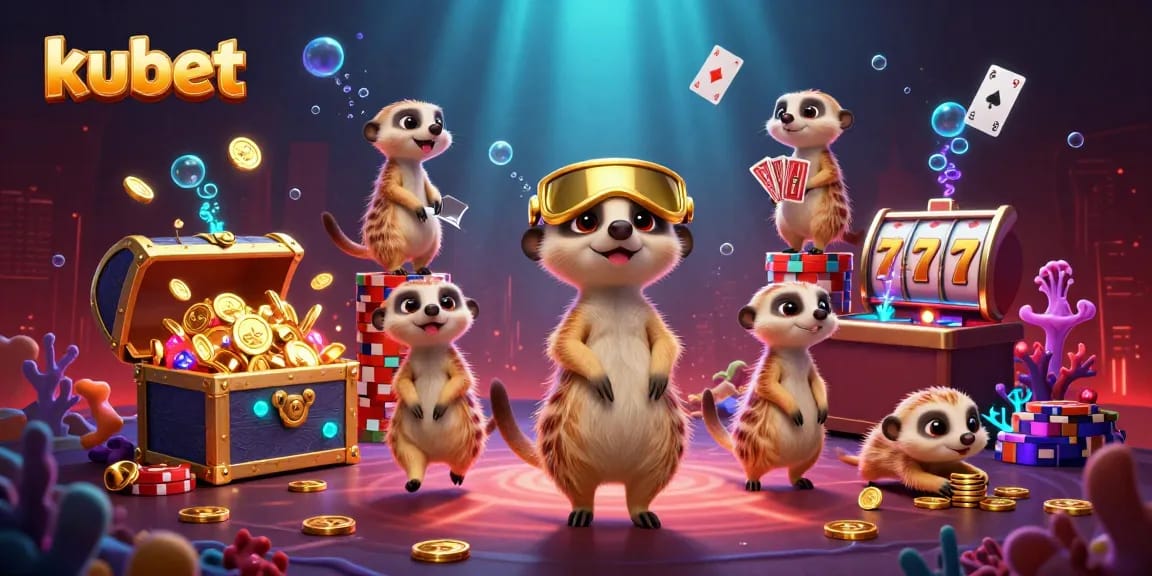 Engage with kubet's exciting casino scene featuring clever meerkats amidst vibrant gambling elements.
