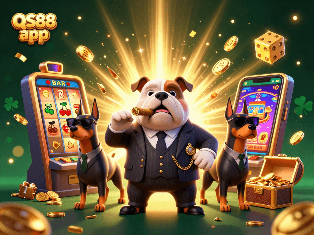 Experience the QS88 app with dynamic casino gameplay illustrated by a mafia boss and Dobermans.