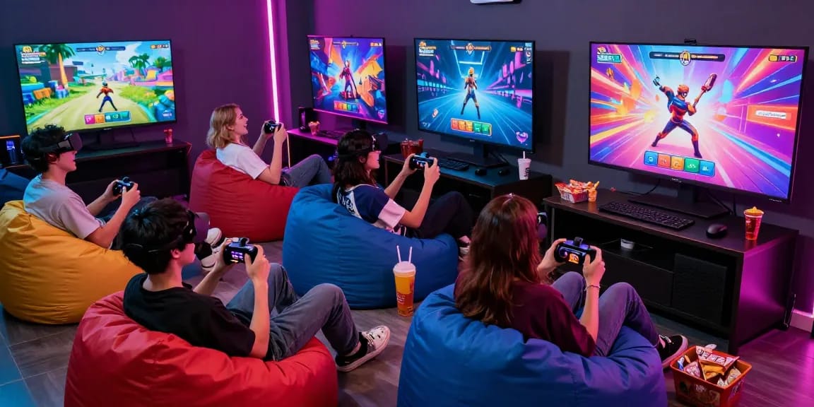 Engaging gaming lounge scene with players enjoying the latest android porn game on a large screen