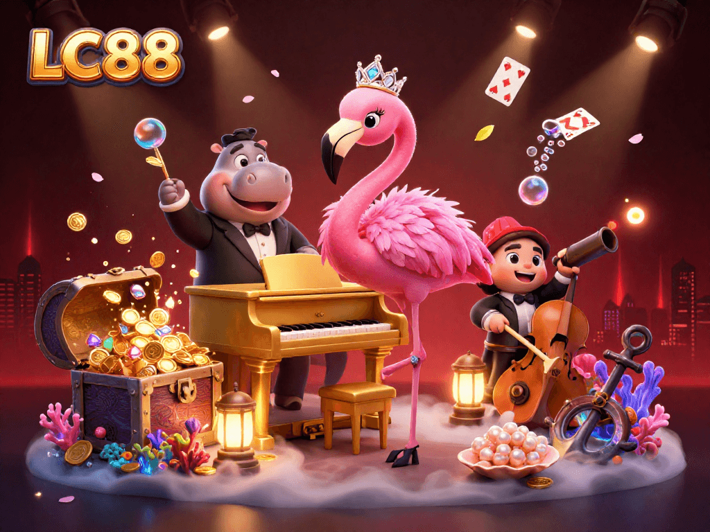 Experience the vibrant energy of LC88 with a lively 3D casino scene featuring enchanting characters and gaming elements.