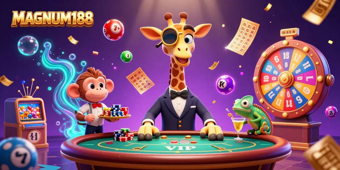 Experience the thrill of winning at MAGNUM188 with a vibrant casino scene featuring a high-roller giraffe.