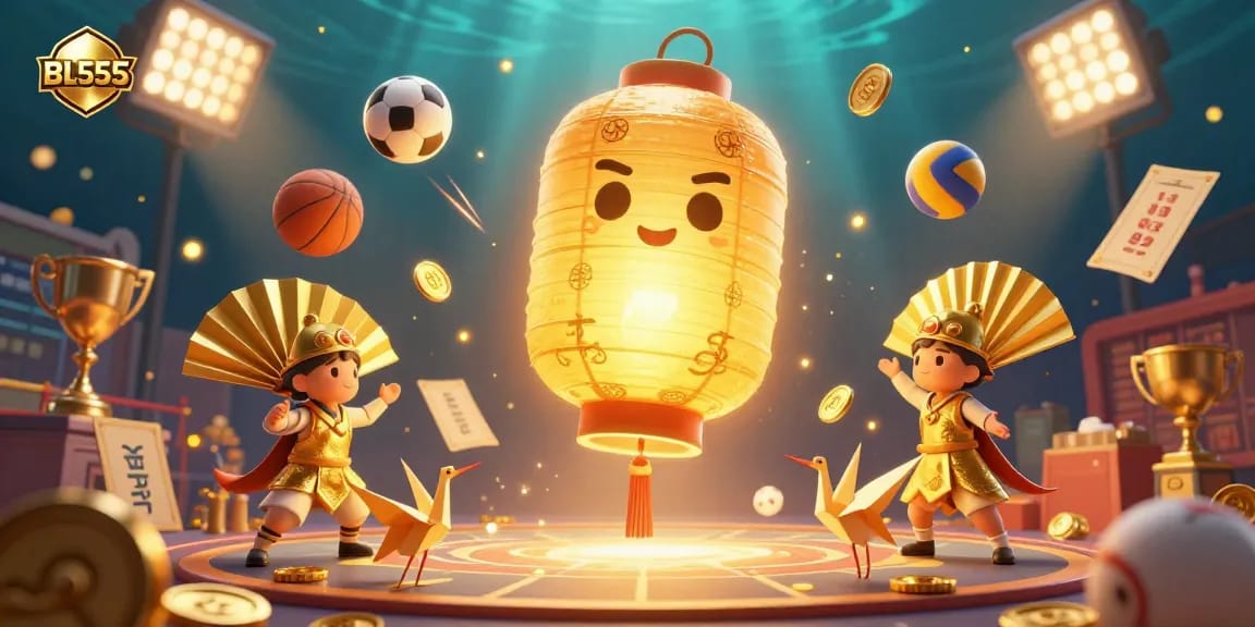 Experience the enchanting world of BL555 with vibrant gold lanterns and dynamic sports elements in an exhilarating casino scene.
