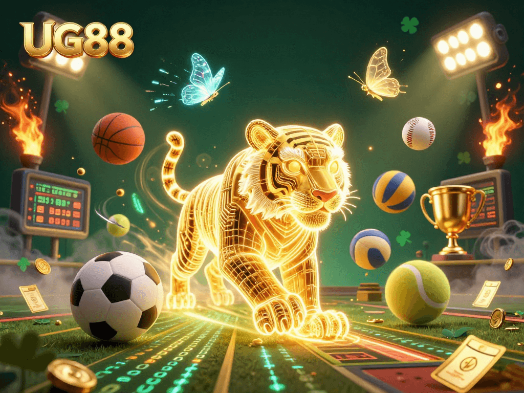 Bet on UG88's golden tiger mascot amidst a vibrant digital casino full of action.
