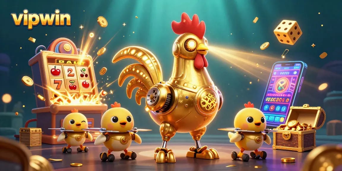 Experience the thrilling energy of vipwin with a vibrant digital casino scene featuring golden rooster and rich game elements.