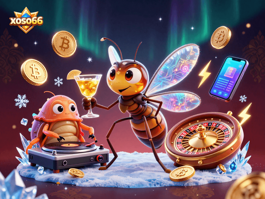 Experience thrilling play at xoso66 with vibrant casino-themed 3D illustration featuring unique characters and crypto elements.