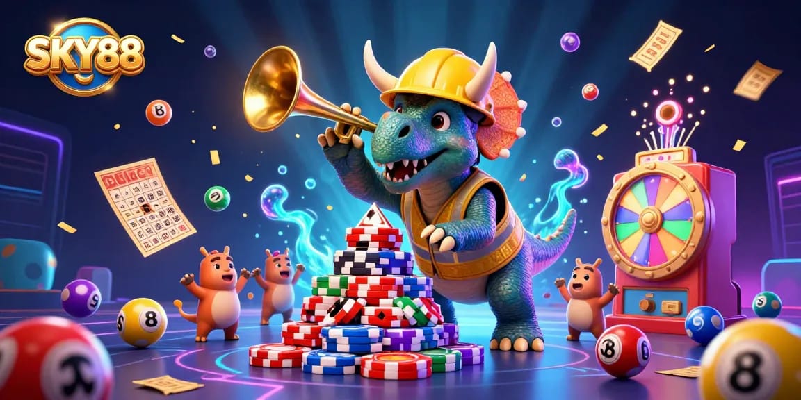Experience SKY88 with this lively scene of cartoon dinosaurs celebrating in a vibrant casino atmosphere