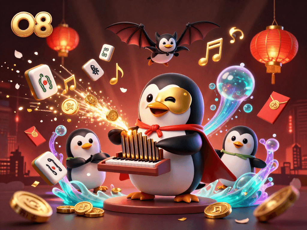 O8 showcases a phantom penguin and bat acrobat producing golden coins in a vibrant casino scene.