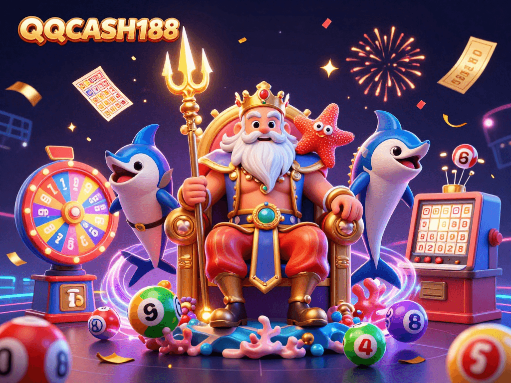 Win big with QQCASH188 in a vibrant casino-themed illustration featuring Neptune and prize elements.