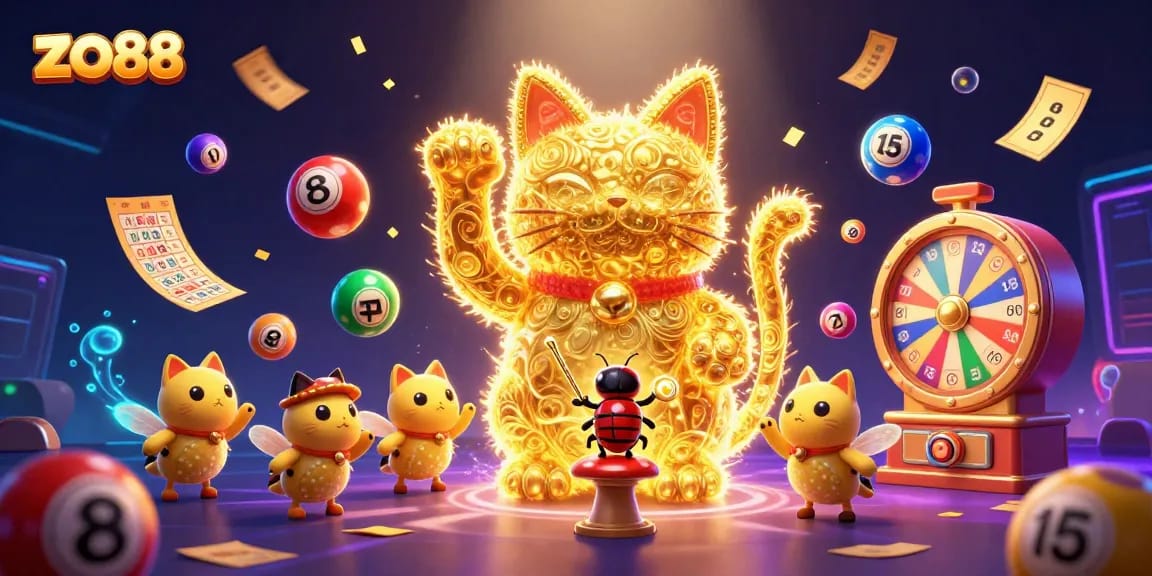 Experience the thrill of zo88 with golden fireflies, lucky cat symbols, and vibrant lottery elements.