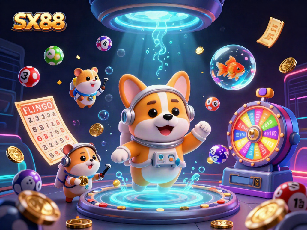 SX88 casino scene featuring a floating astronaut corgi and vibrant gaming elements in zero gravity