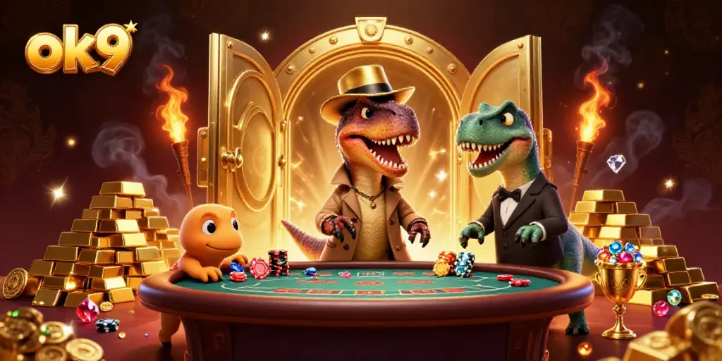 Engage with the energetic ok9 gambling scene featuring a velociraptor card counter, a stegosaurus pit boss, and dynamic winnings.