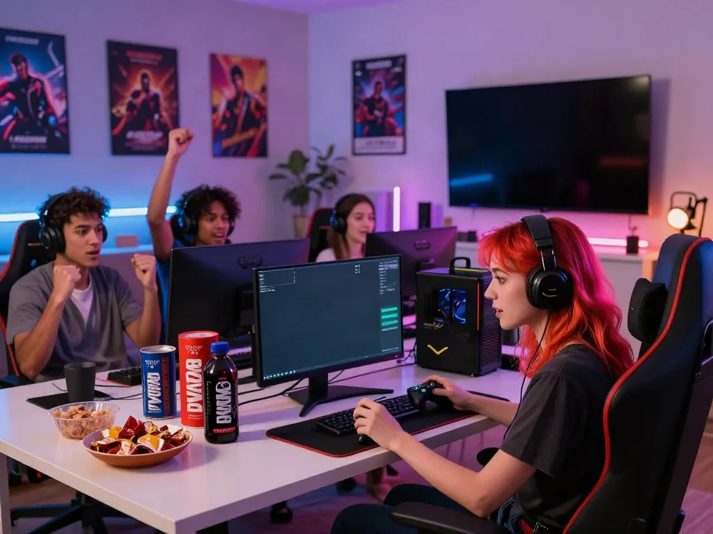 Kilat404 online gaming group enjoying an immersive experience in a vibrant living room.