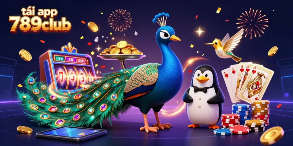 Experience the excitement with tải app 789club, featuring a peacock, penguin, and hummingbird in a dynamic casino scene.