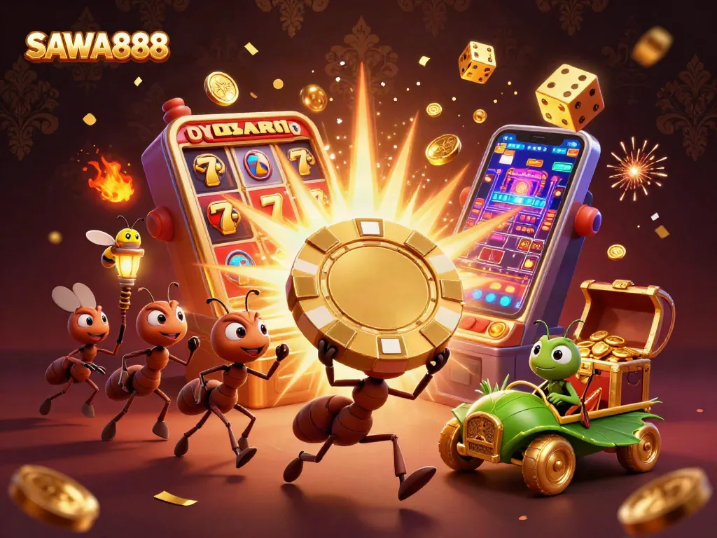 SAWA888 themed illustration of ants heisting a poker chip in a vibrant casino scene.