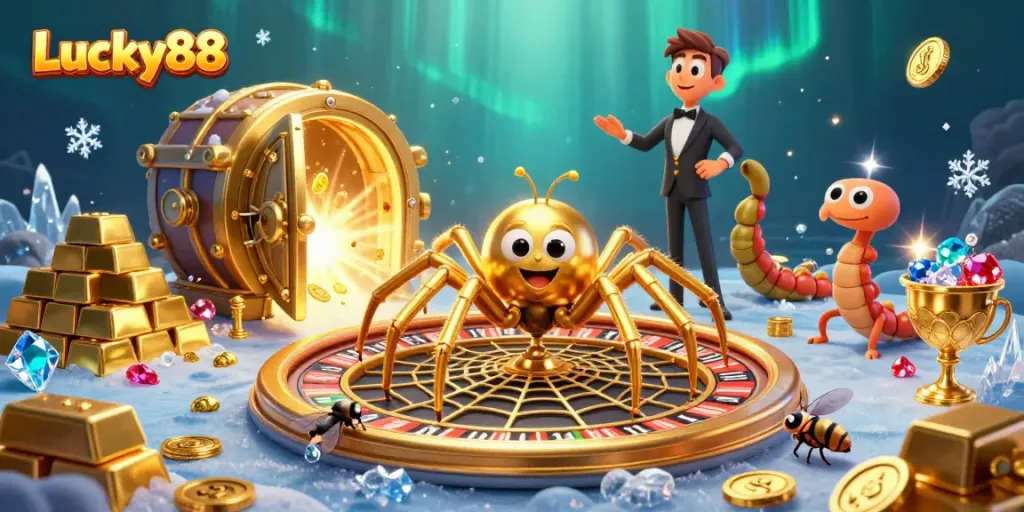 Engage in the dynamic world of Lucky88 as a colorful golden spider spins a roulette web, capturing excitement in a vibrant casino scene.