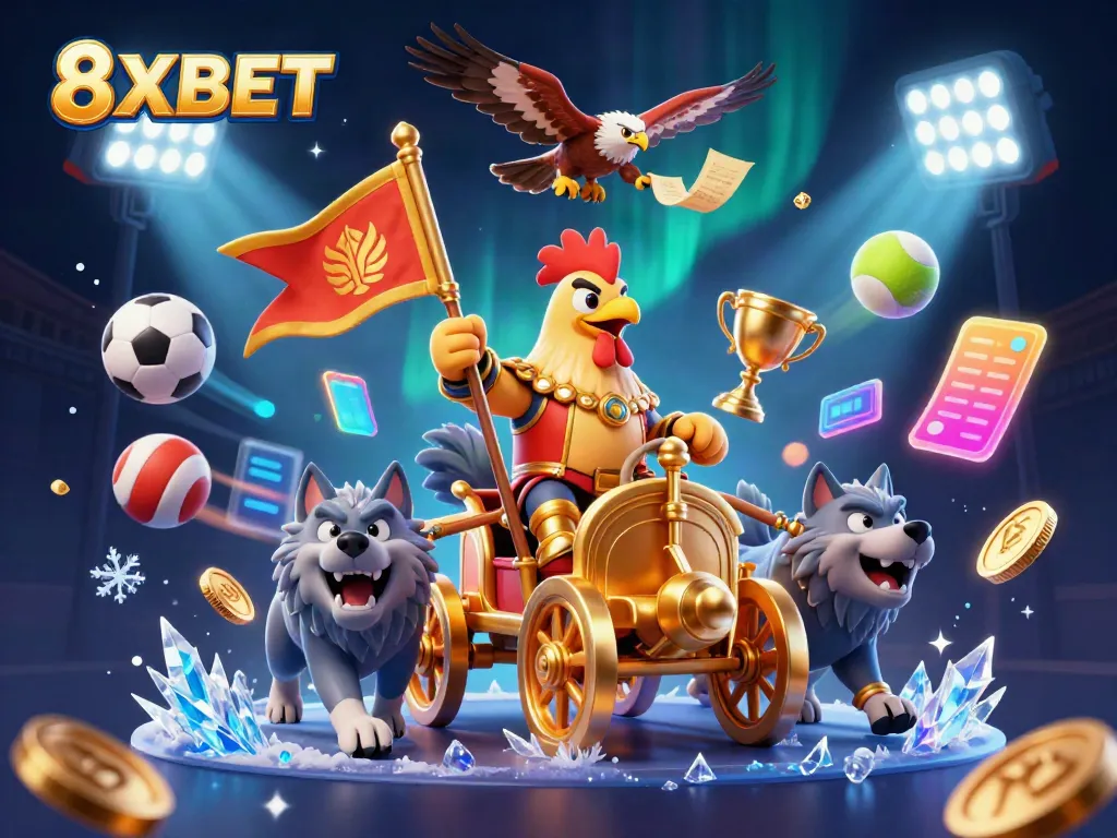 8XBET engaging users with a 3D cartoon rooster warlord scene packed with sports elements and dynamic details.