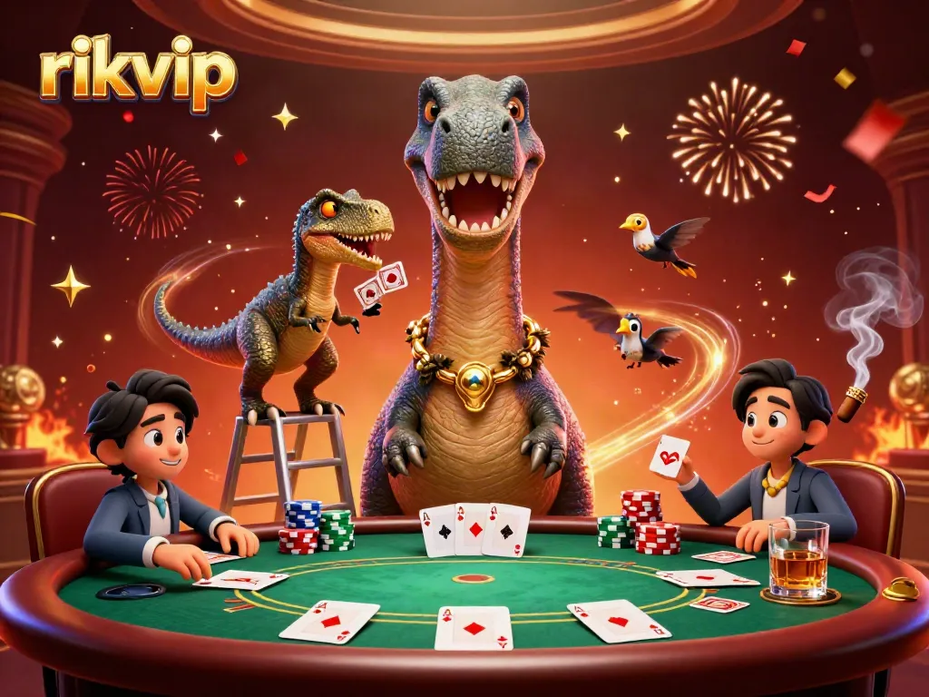 Experience thrilling poker gameplay at rikvip with a brontosaurus overlooking a poker table setting.