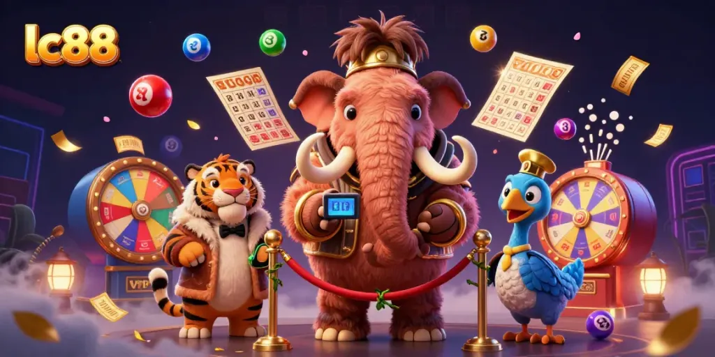 Experience the vibrant world of lc88 with a lively casino scene featuring a woolly mammoth bouncer and colorful lottery elements.