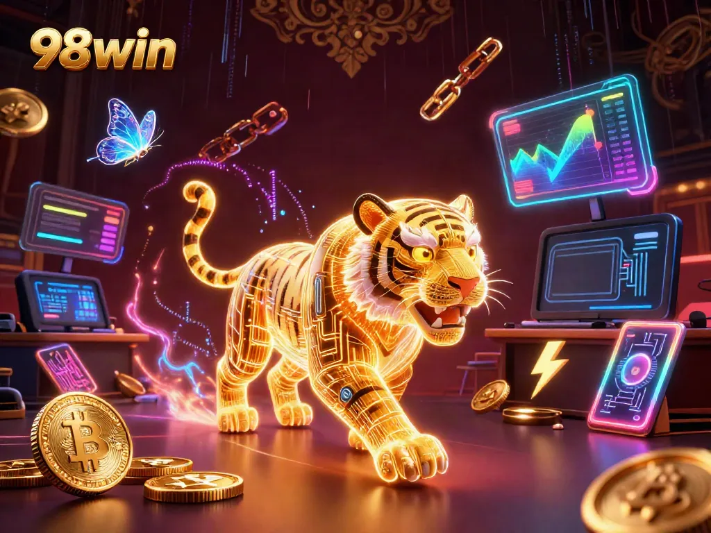 Experience the thrill of gaming at 98win with vibrant graphics and crypto elements illuminating the casino.