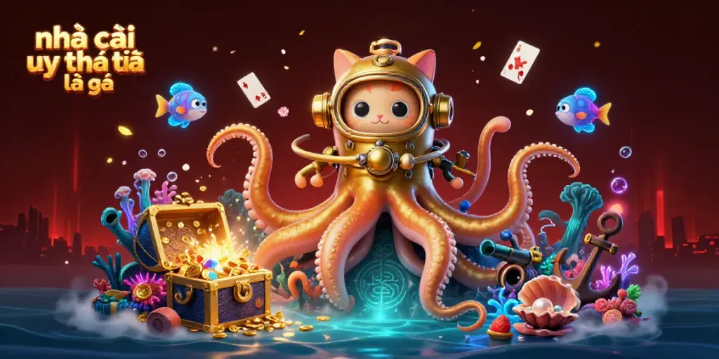 Experience the vibrant world of nhà cái uy tín là gì with a colossal kraken and diving cat in a treasure-filled sea