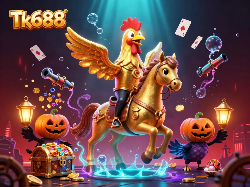 Experience the excitement of Tk688 with golden roosters and vibrant casino elements in a dynamic 3D scene.