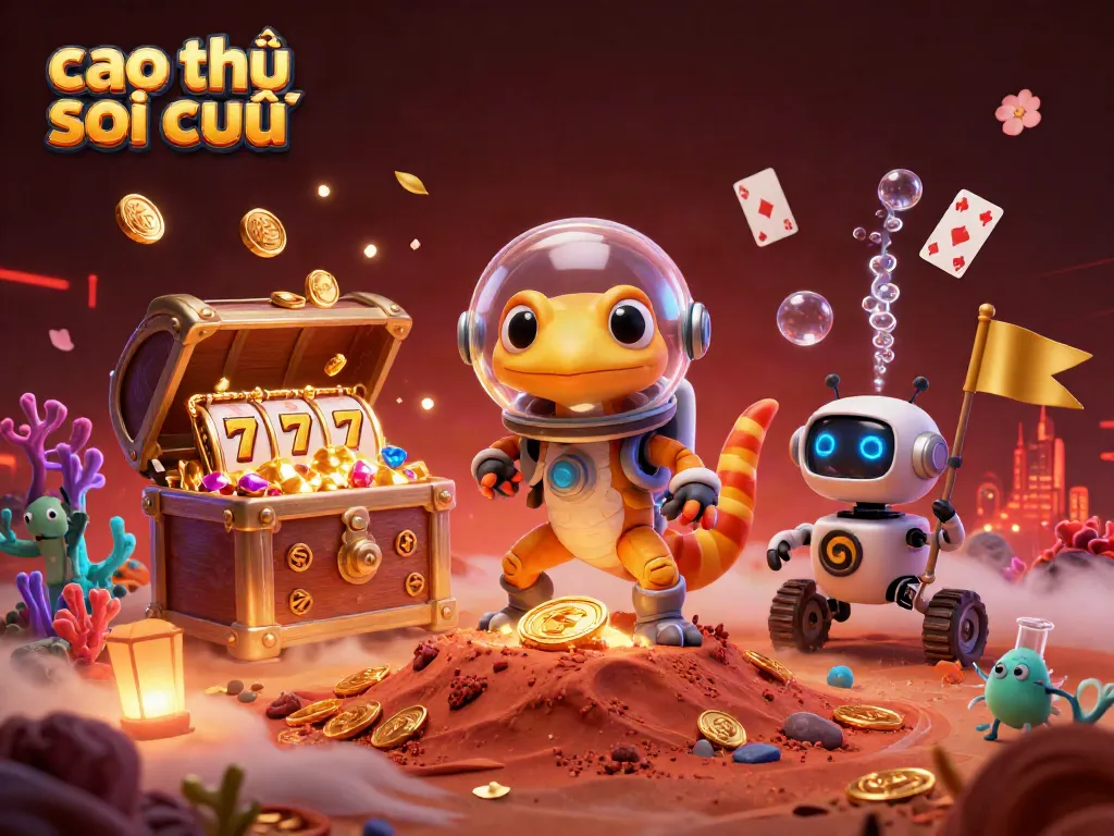 Cao thủ soi cầu interactive scene with Martian gecko and vibrant casino treasures amidst an energetic atmosphere.