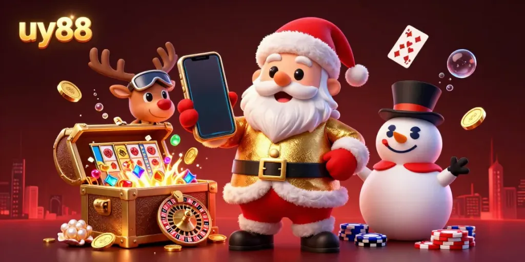 Experience the vibrant excitement of uy88 with Santa and friends in a lively casino atmosphere.