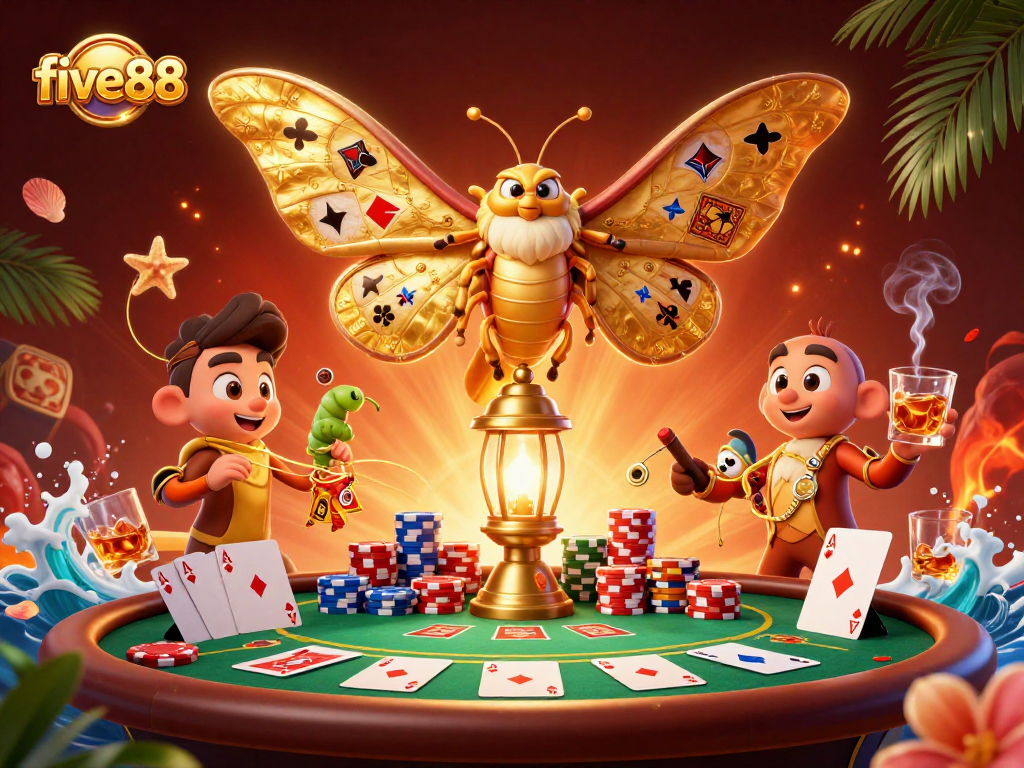 Play casino games with five88 featuring a vibrant scene of moths, poker elements, and luxurious ambiance.