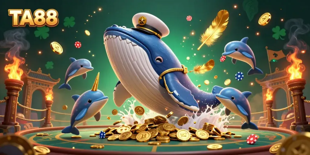 Catalyze excitement at TA88 with a playful scene of a whale in gold coins, narwhal, and dolphins celebrating gambling.