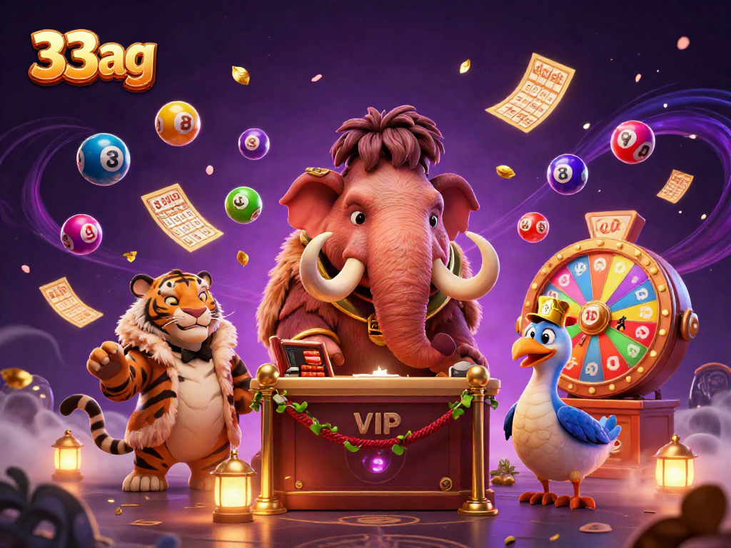 Engage with 33ag's vibrant lottery scene featuring unique characters and dynamic elements in an exciting casino environment.